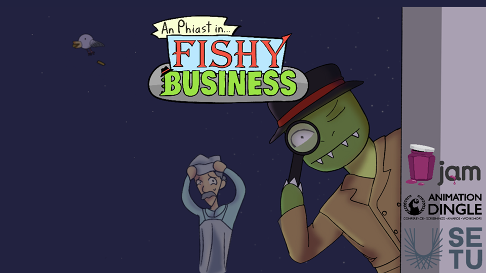 Green monster in detective outfit with chip shop owner and the title 'An Phiast in: Fishy Business'