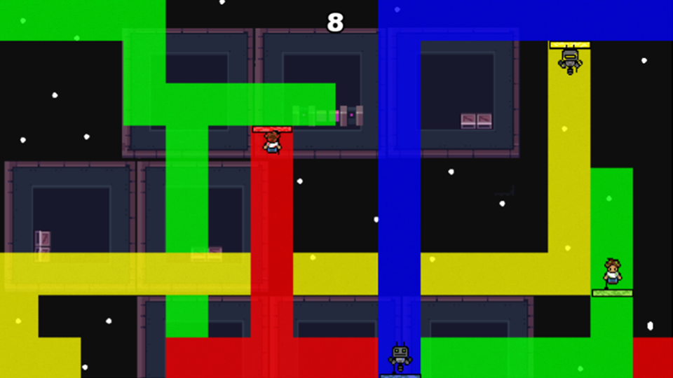 Screenshot of pixel-art characters painting a floor in a game