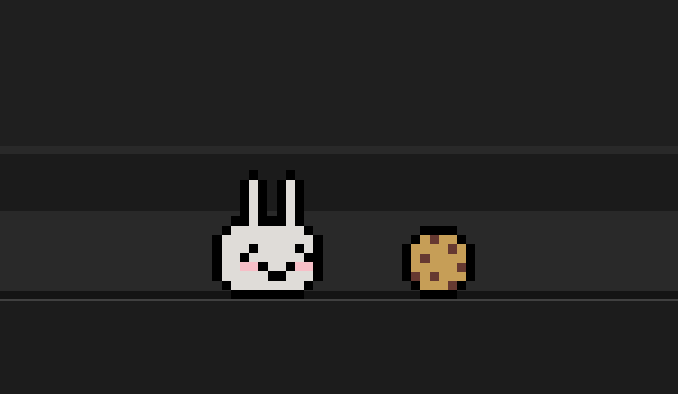 Screenshot of pixel-art white bunny beside a cookie