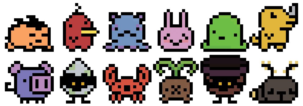 Twelve pixel-art animals from my project