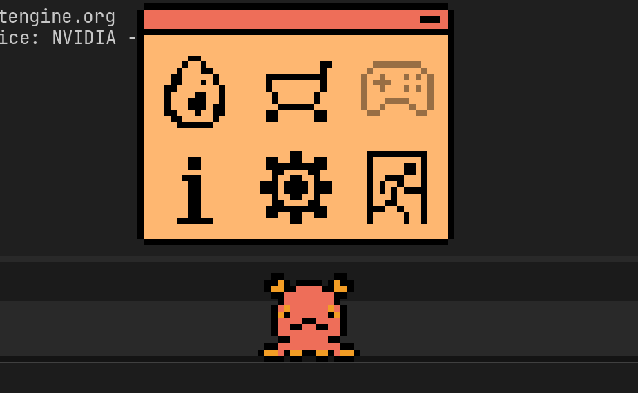 Screenshot with pixel-art octopus and menu from prior images but recoloured to be orange and red